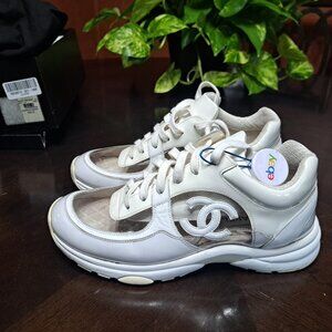 Chanel white w/ clear toe PVC leather sneakers Authentic G33862 39.5